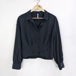 Zara Size M Collared Button Up Pleated Detail Crop Blouse Top Shirt Gray Black